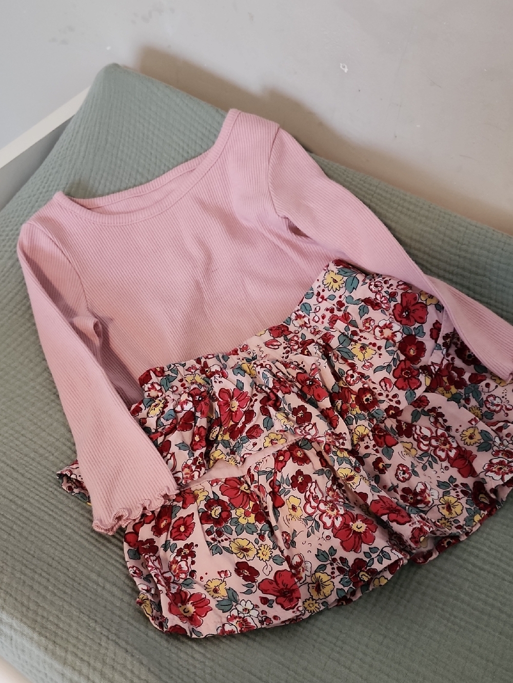 Pink Ribbed Long Sleeve Shirt with Floral Skirt